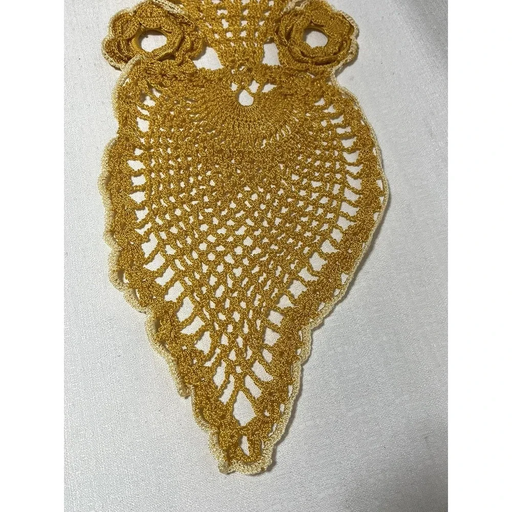 Vintage Owl Hand Crocheted Doily Cotton Gold Yellow MCM